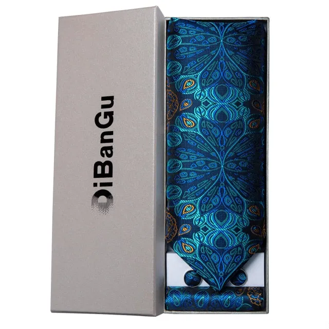 Luxury Gold Plaid 100% Silk Men Vintage Ascot Tie Hanky Cufflinks 3Pcs Set