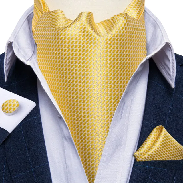 Luxury Gold Plaid 100% Silk Men Vintage Ascot Tie Hanky Cufflinks 3Pcs Set