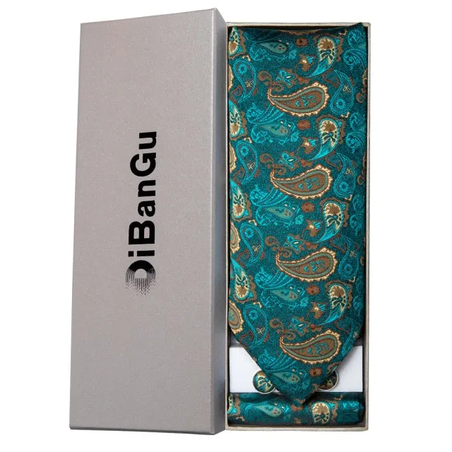 Luxury Gold Plaid 100% Silk Men Vintage Ascot Tie Hanky Cufflinks 3Pcs Set