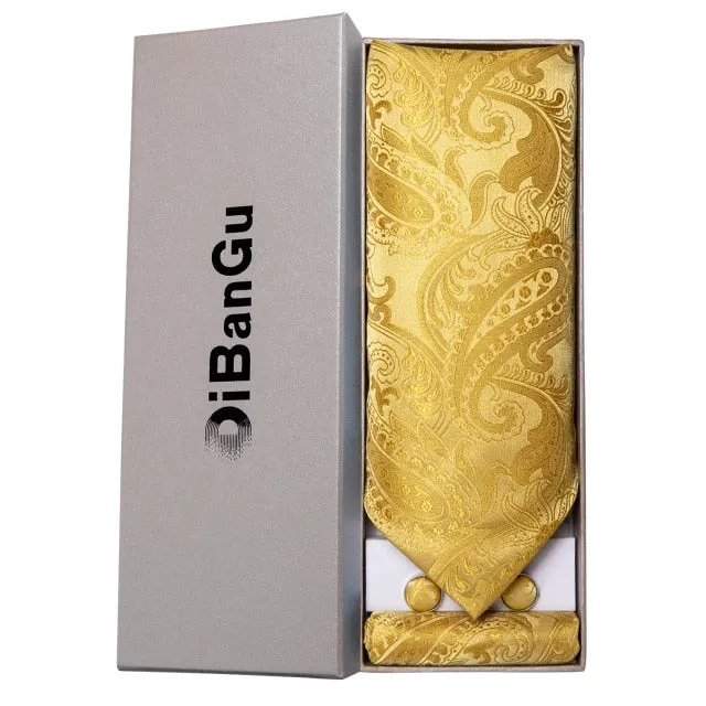Luxury Gold Plaid 100% Silk Men Vintage Ascot Tie Hanky Cufflinks 3Pcs Set