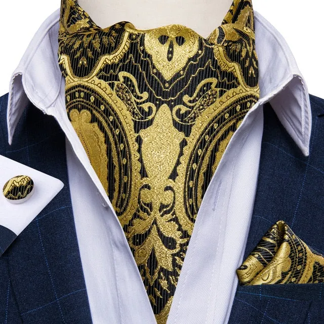 Luxury Gold Plaid 100% Silk Men Vintage Ascot Tie Hanky Cufflinks 3Pcs Set
