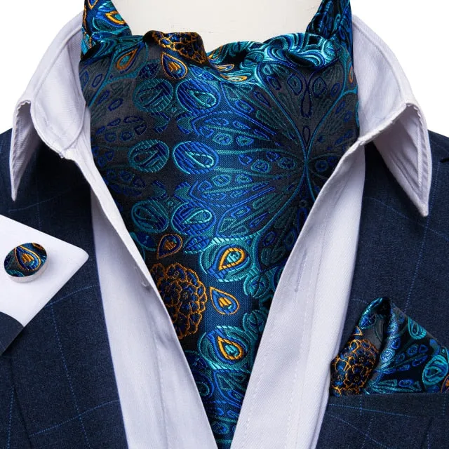 Luxury Gold Plaid 100% Silk Men Vintage Ascot Tie Hanky Cufflinks 3Pcs Set