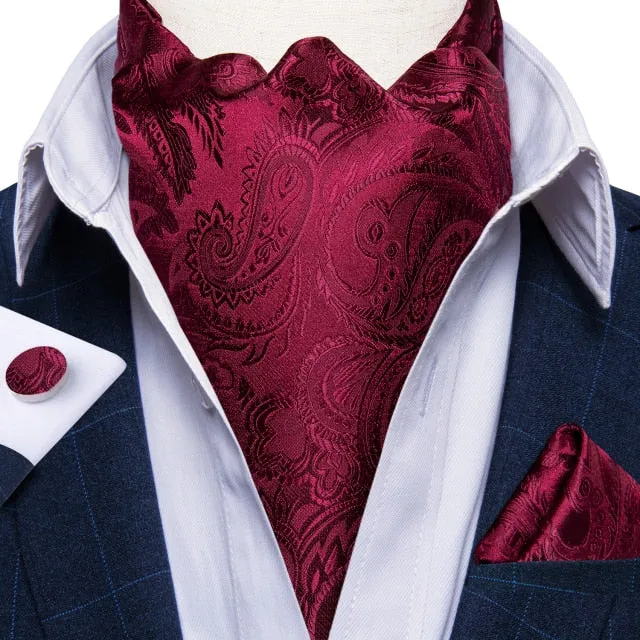 Luxury Gold Plaid 100% Silk Men Vintage Ascot Tie Hanky Cufflinks 3Pcs Set