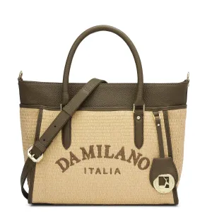 Medium Raffia Wax Leather Satchel - Beige & Moss