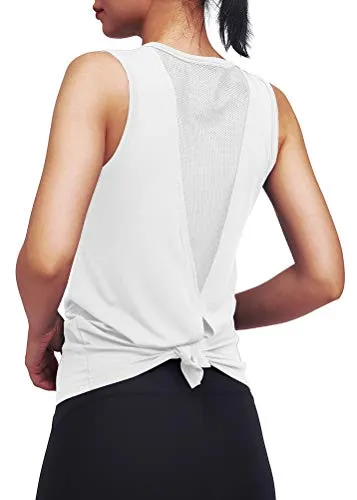 Mippo Workout Tops for Women Yoga Tops Mesh Running Tie Back Tank Tops Workout Tank Shirts Muscle Tanks Sport Clothes Active Athletic Wear for Women White S