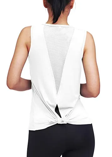 Mippo Workout Tops for Women Yoga Tops Mesh Running Tie Back Tank Tops Workout Tank Shirts Muscle Tanks Sport Clothes Active Athletic Wear for Women White S