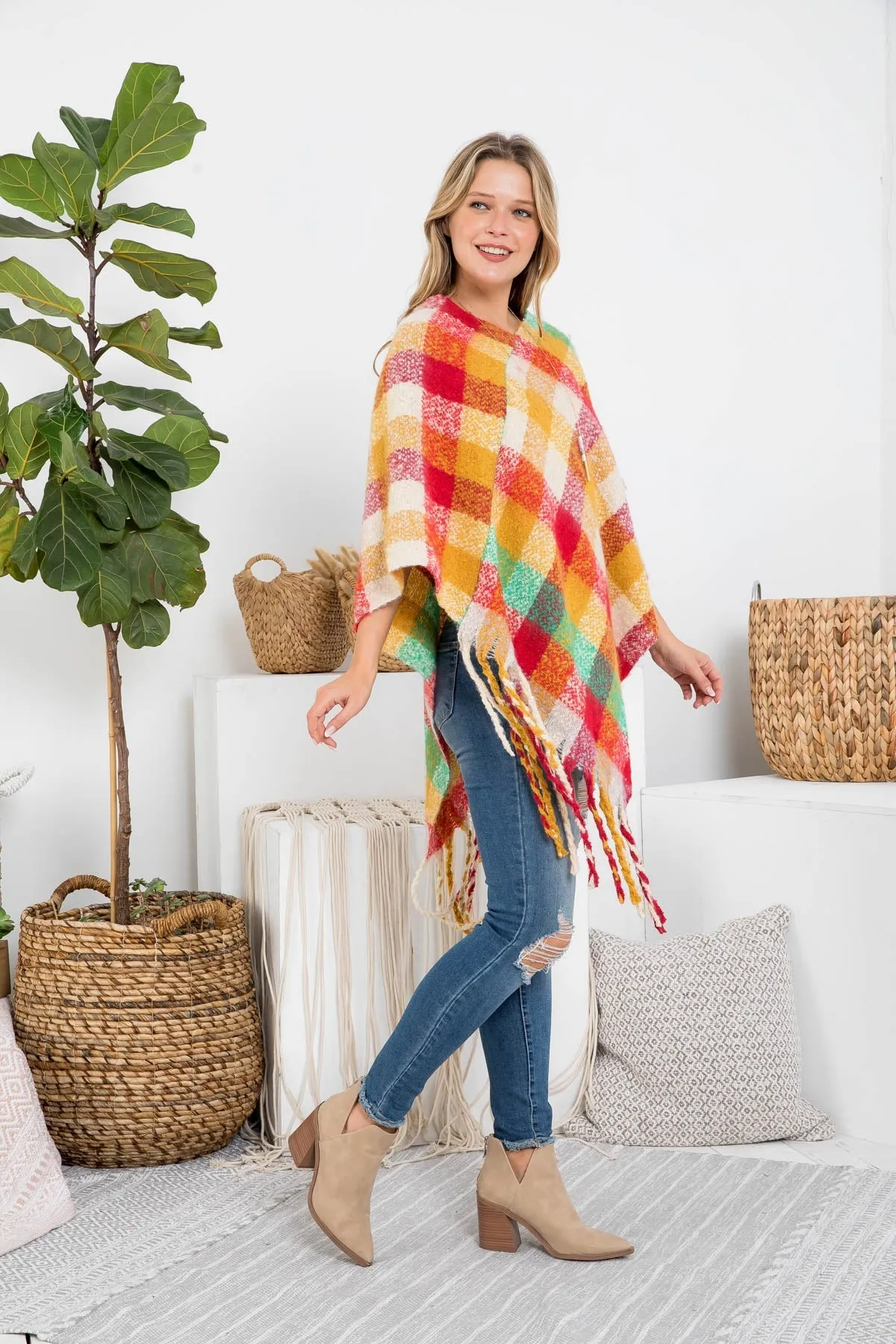 MS0187 - MULTICOLOR PLAID FRINGE PONCHO