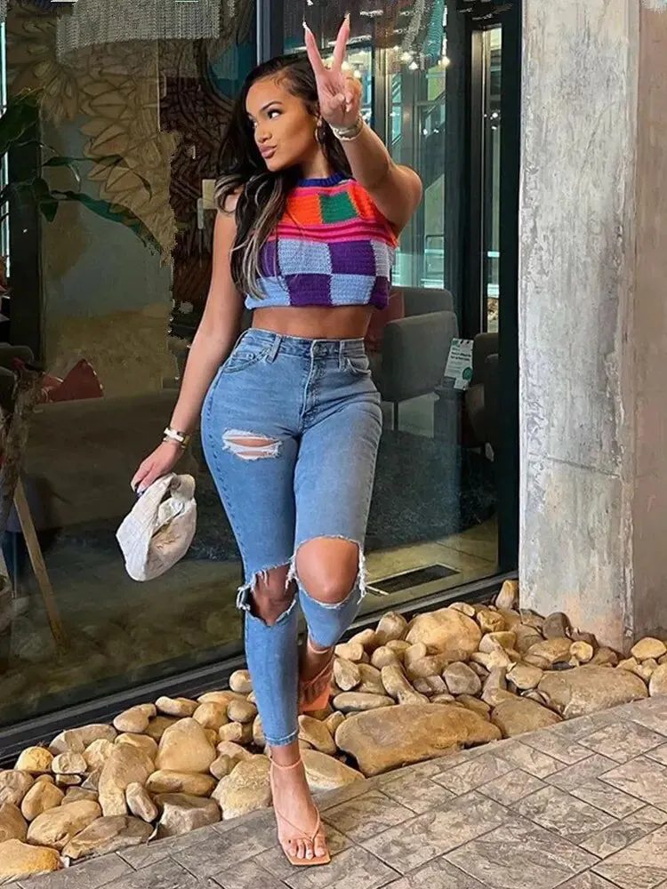 Multi-Color Stitching Tops Tank Mini Pants
