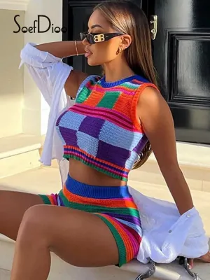 Multi-Color Stitching Tops Tank Mini Pants