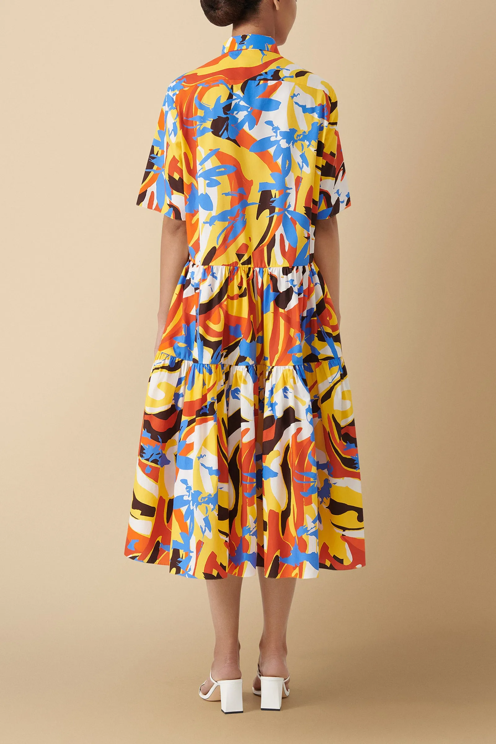 Nandi Geo-Floral Print Tiered Midi Dress Cotton Poplin
