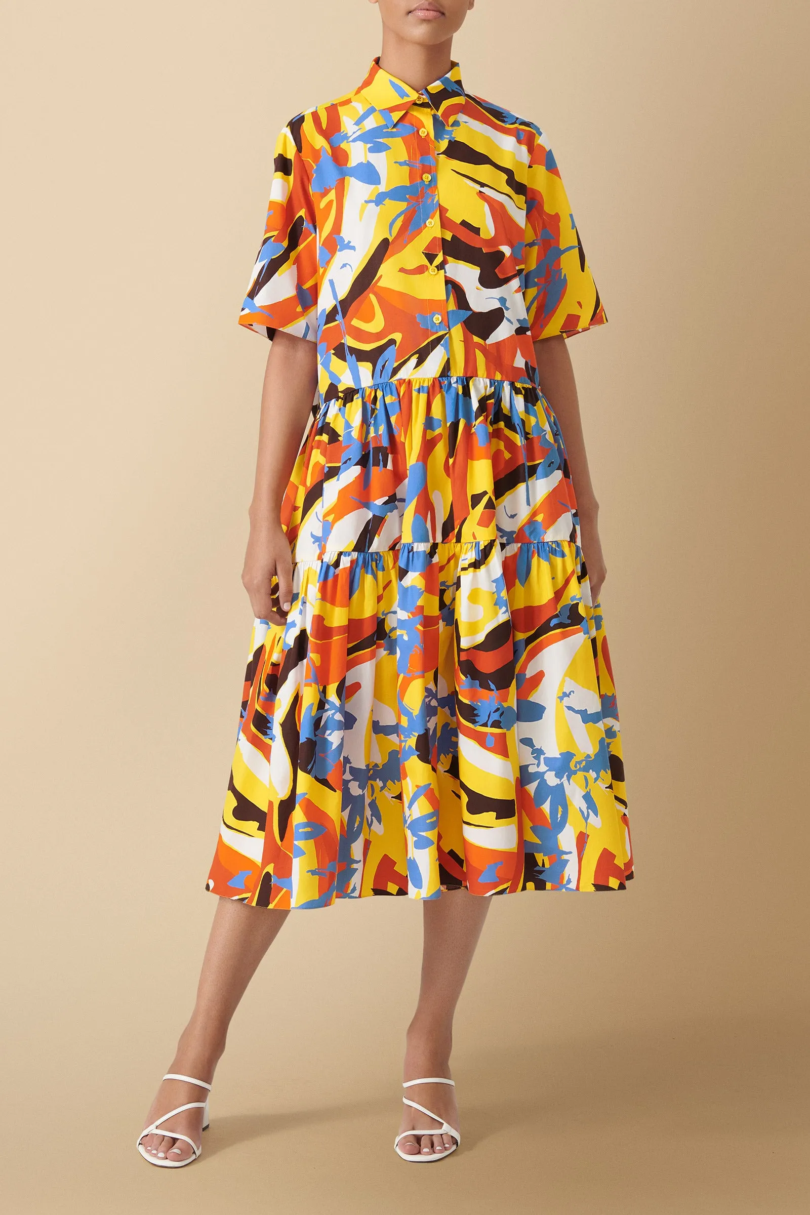Nandi Geo-Floral Print Tiered Midi Dress Cotton Poplin