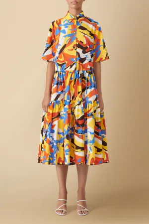 Nandi Geo-Floral Print Tiered Midi Dress Cotton Poplin