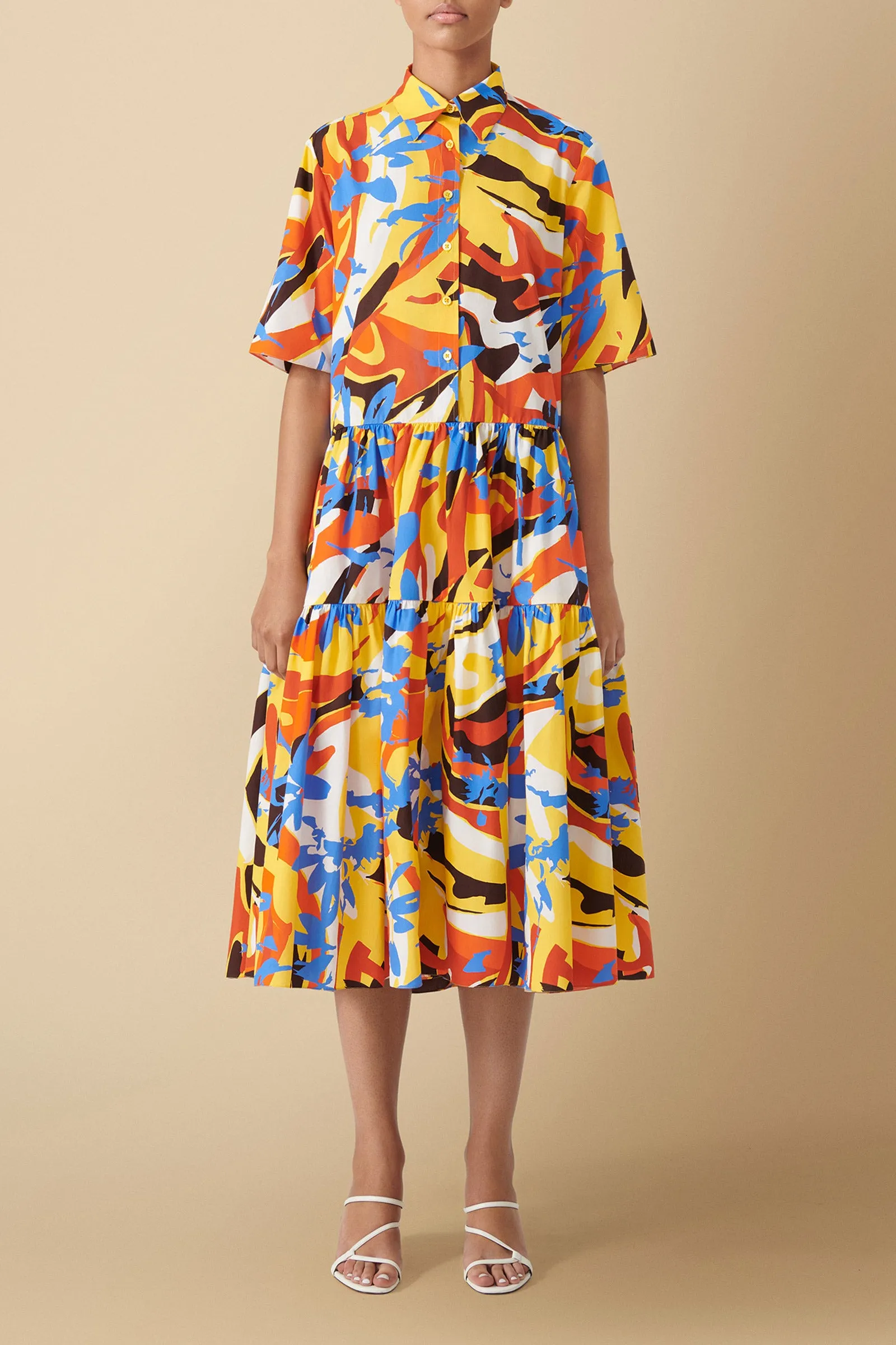 Nandi Geo-Floral Print Tiered Midi Dress Cotton Poplin