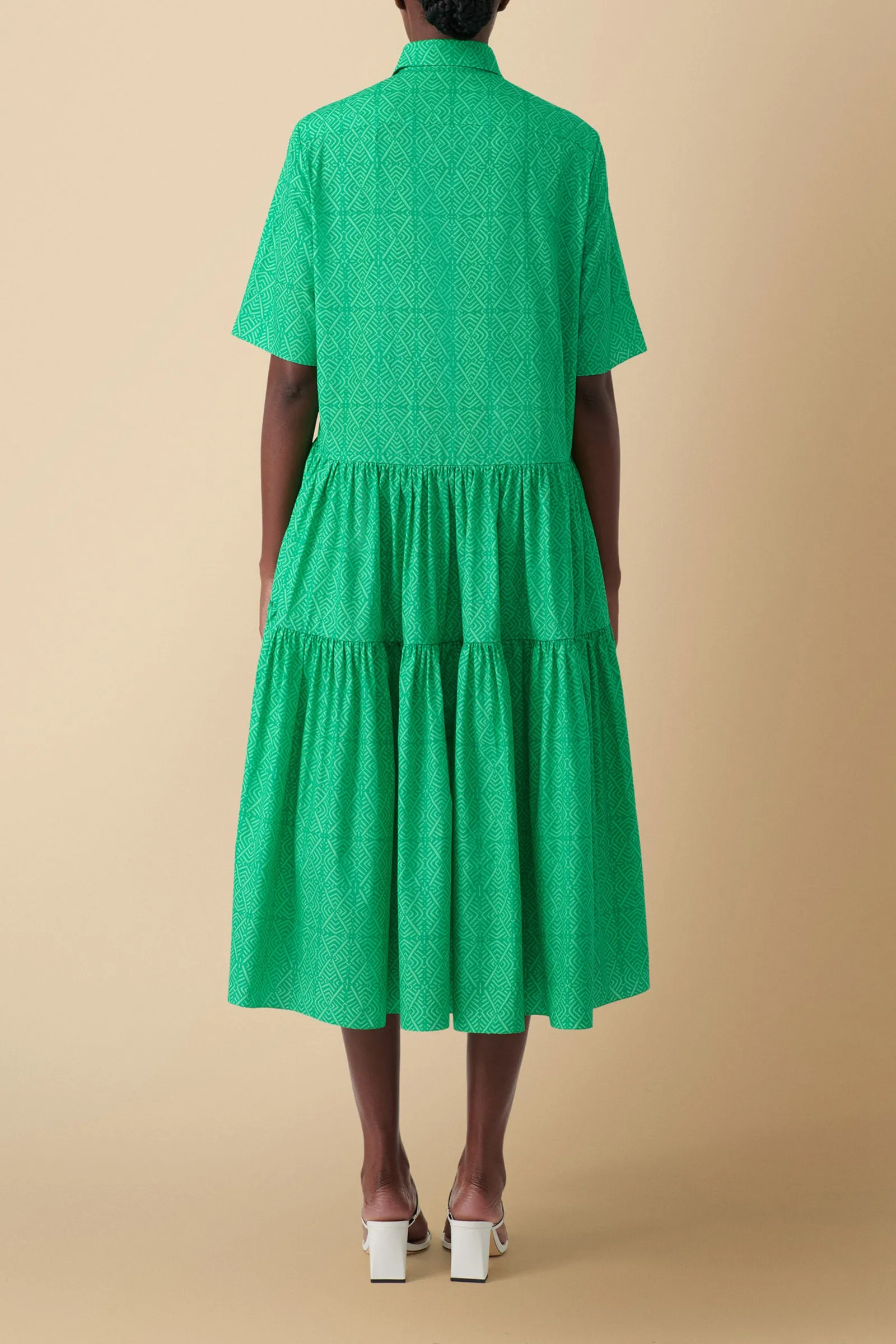 Nandi Geo-Print Tiered Midi Dress in Cotton Poplin