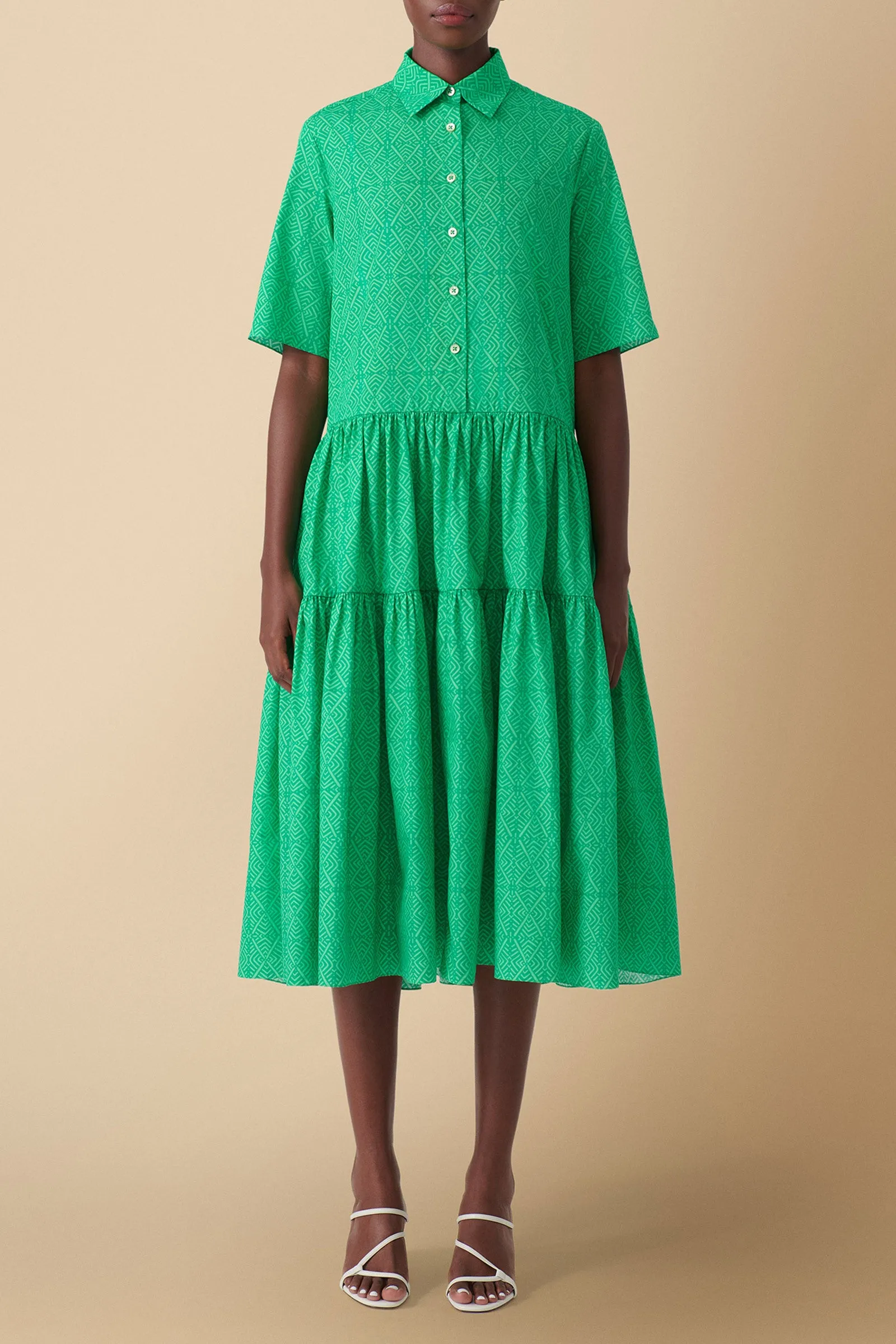 Nandi Geo-Print Tiered Midi Dress in Cotton Poplin