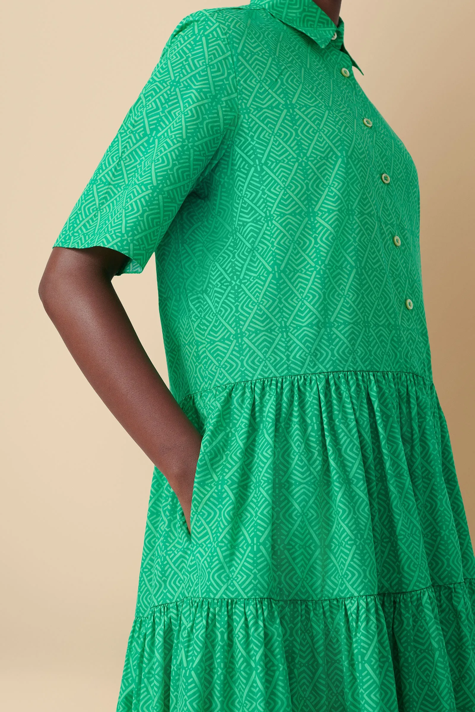 Nandi Geo-Print Tiered Midi Dress in Cotton Poplin