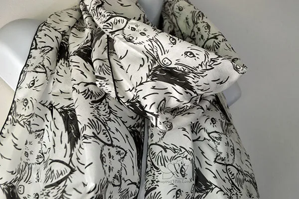 Original Black & White Monotone Fox Design Printed Scarf