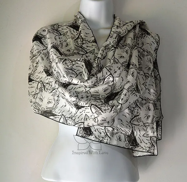 Original Black & White Monotone Fox Design Printed Scarf