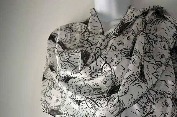 Original Black & White Monotone Fox Design Printed Scarf