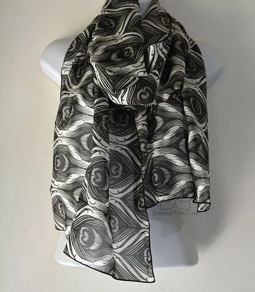 Original Black & White Monotone Peacock Feather Design Printed Scarf
