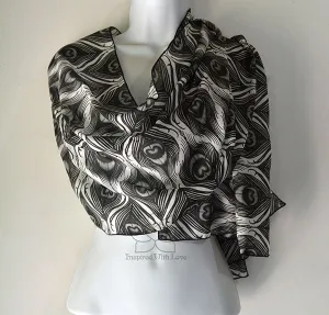 Original Black & White Monotone Peacock Feather Design Printed Scarf