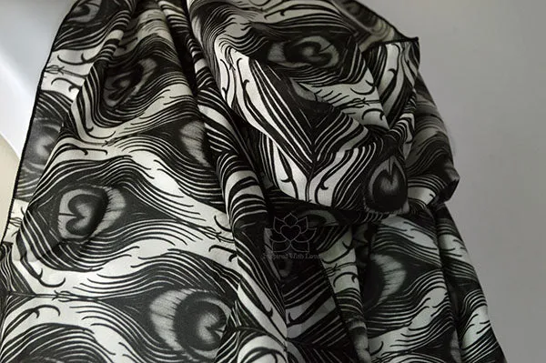 Original Black & White Monotone Peacock Feather Design Printed Scarf