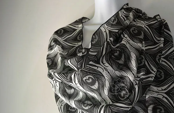 Original Black & White Monotone Peacock Feather Design Printed Scarf