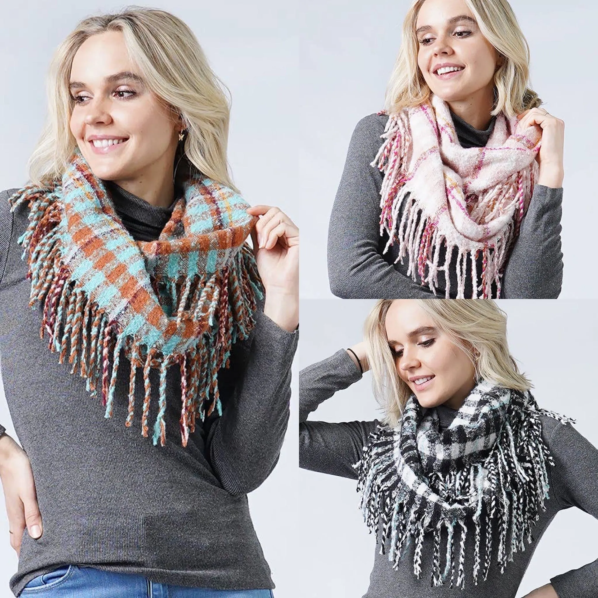 Penny Plaid Tassel Infinity Scarfs| Black, Pink & Turquoise