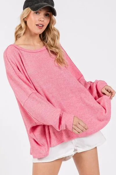 Pink Round Neck Batwing Sleeve Oversize Top