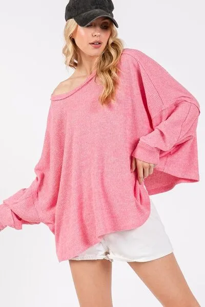 Pink Round Neck Batwing Sleeve Oversize Top