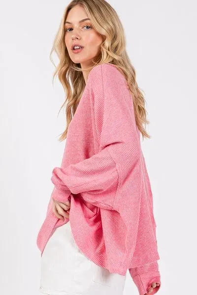 Pink Round Neck Batwing Sleeve Oversize Top