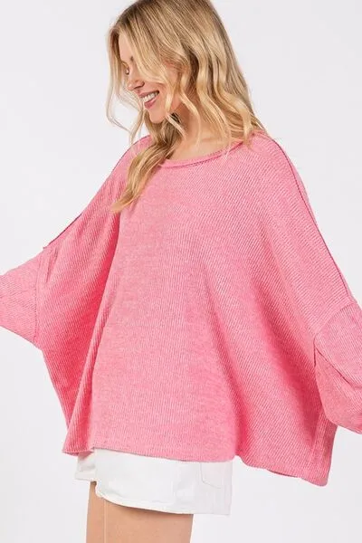 Pink Round Neck Batwing Sleeve Oversize Top