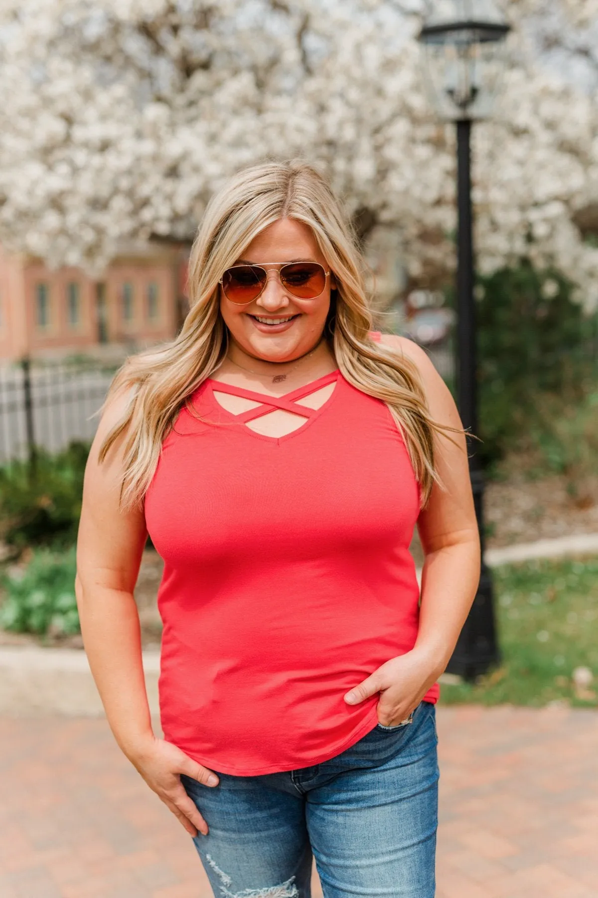 Places to Go Criss Cross Tank Top- Coral Orange