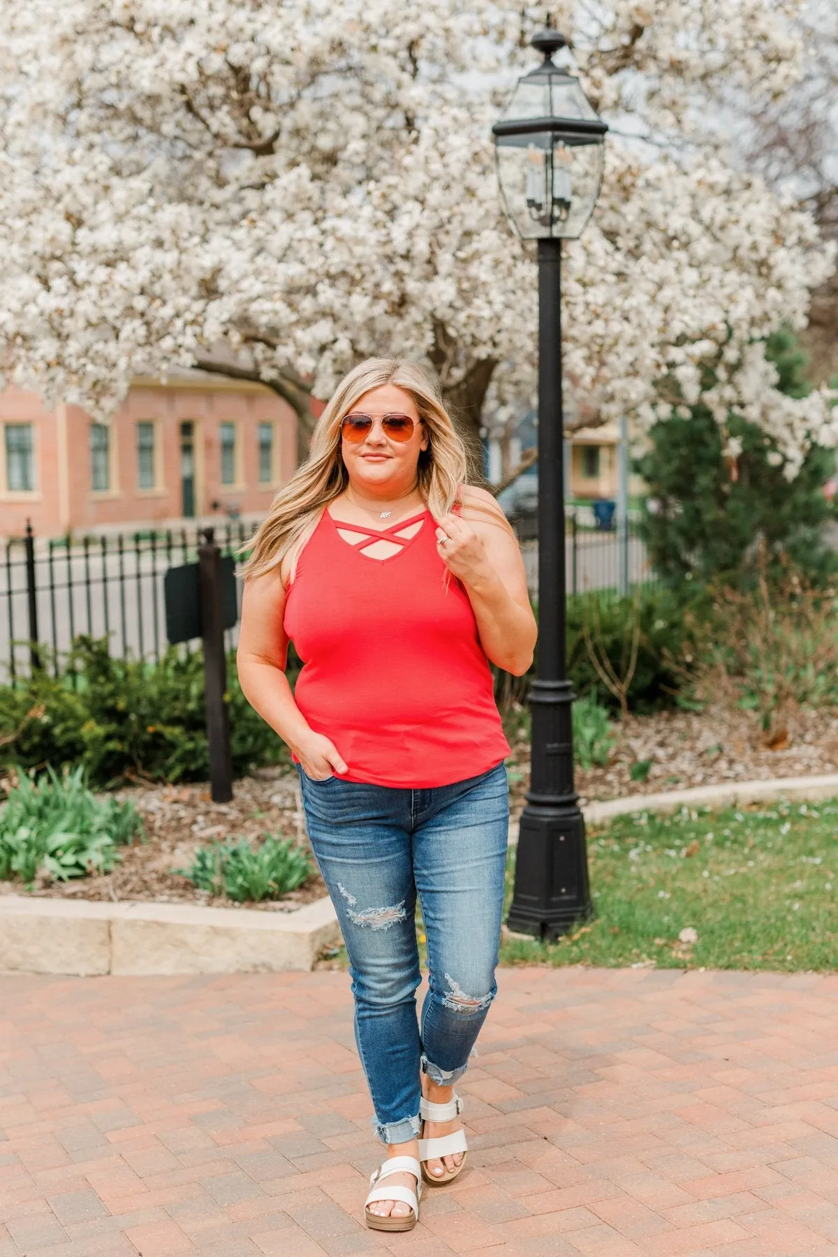 Places to Go Criss Cross Tank Top- Coral Orange