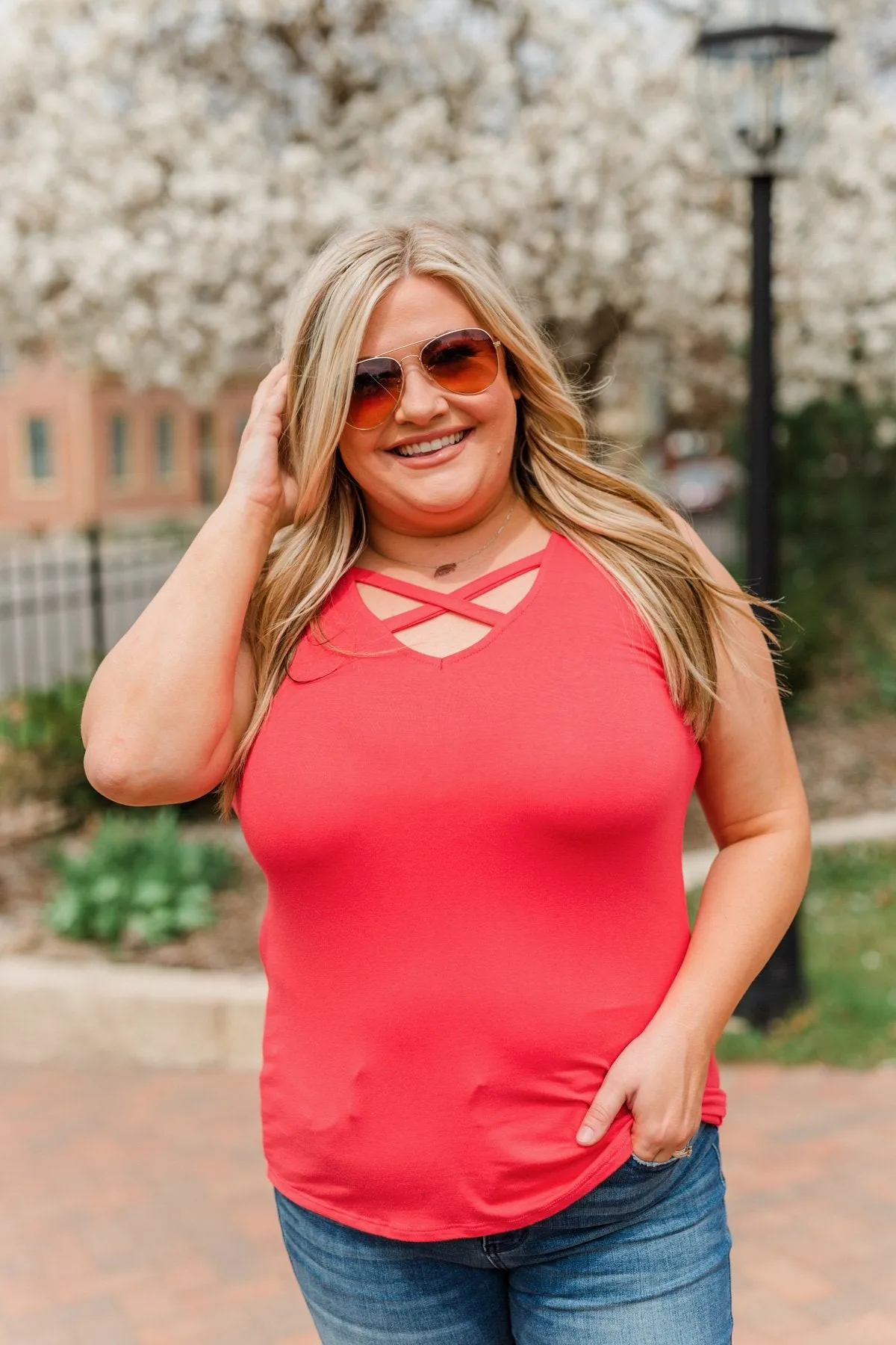 Places to Go Criss Cross Tank Top- Coral Orange
