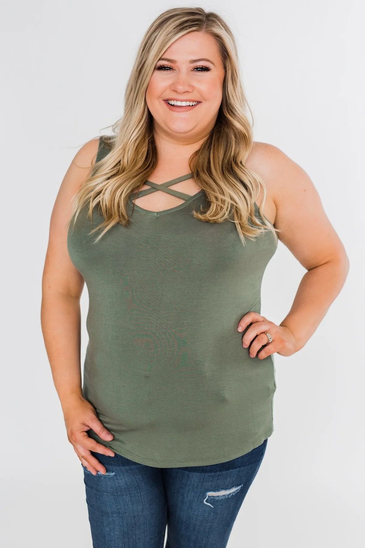 Places to Go Criss Cross Tank Top- Olive