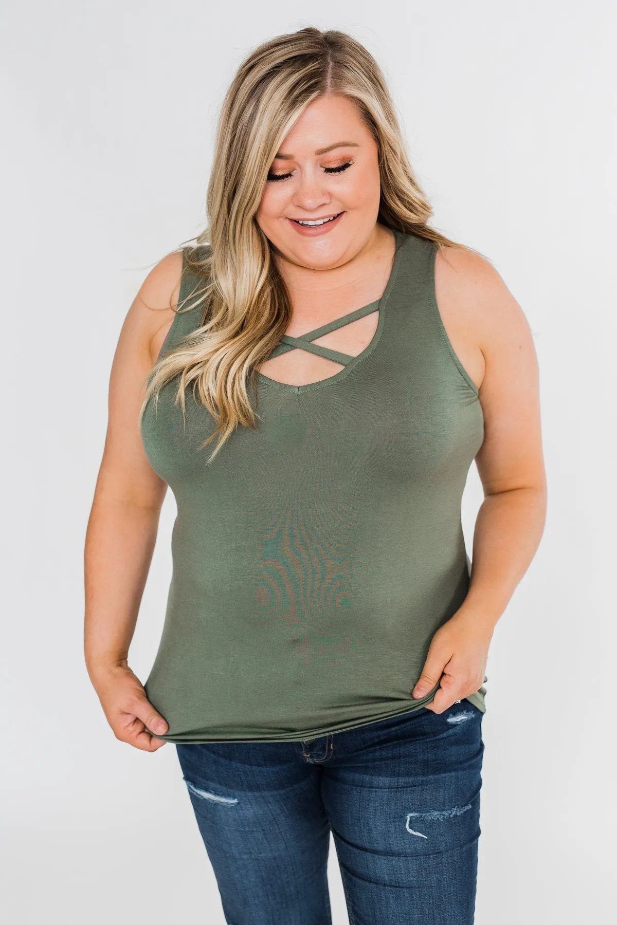 Places to Go Criss Cross Tank Top- Olive