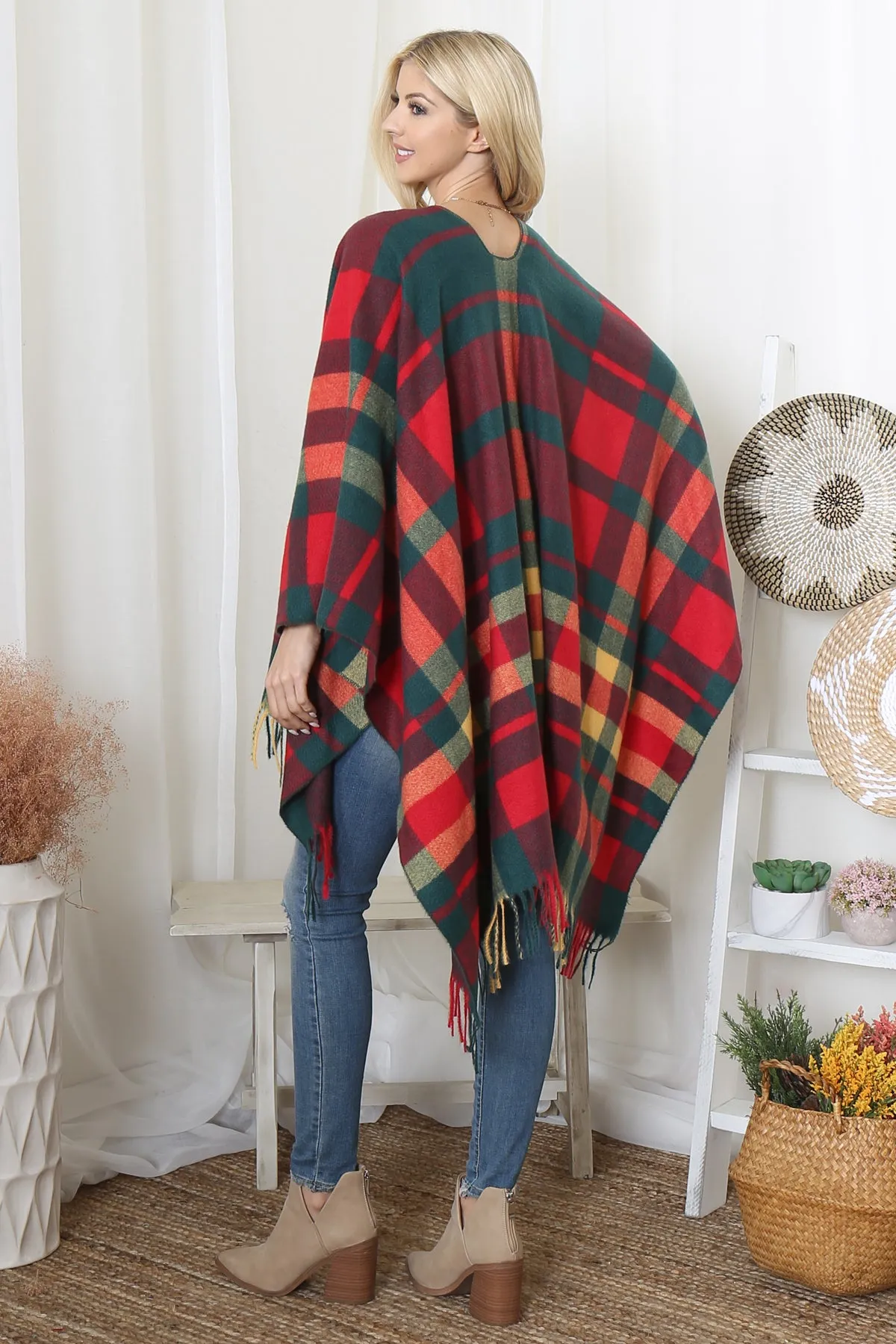 PLAID PRINT FRINGE OPEN FRONT KIMONO