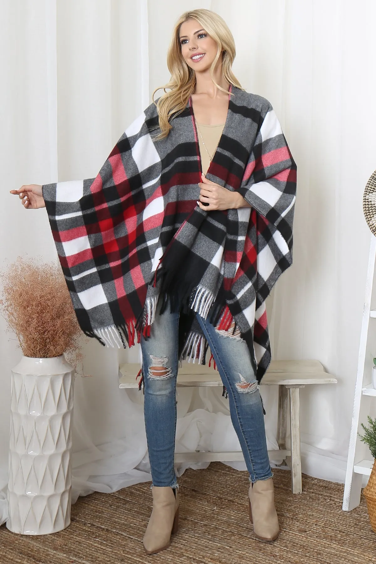 PLAID PRINT FRINGE OPEN FRONT KIMONO