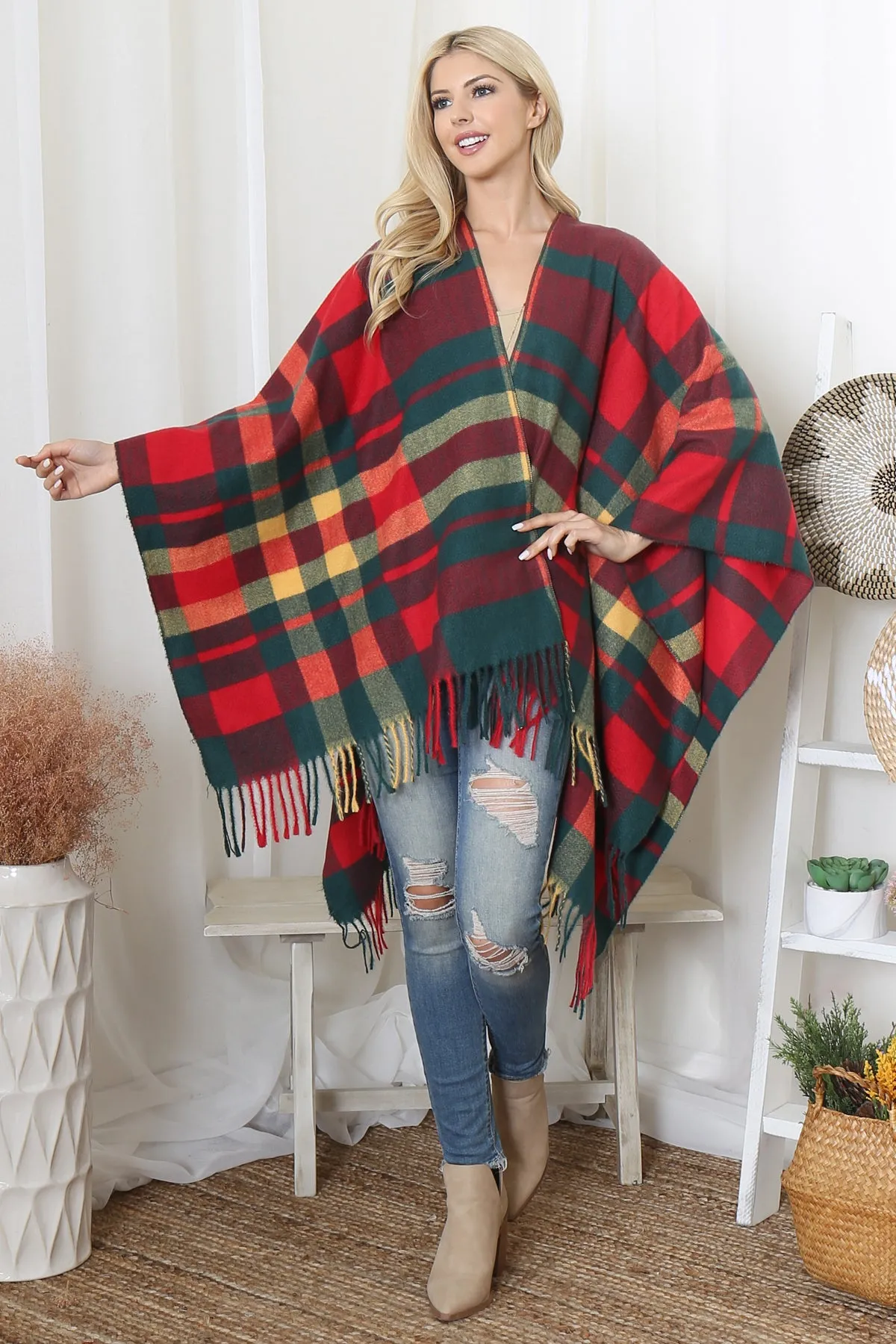 PLAID PRINT FRINGE OPEN FRONT KIMONO