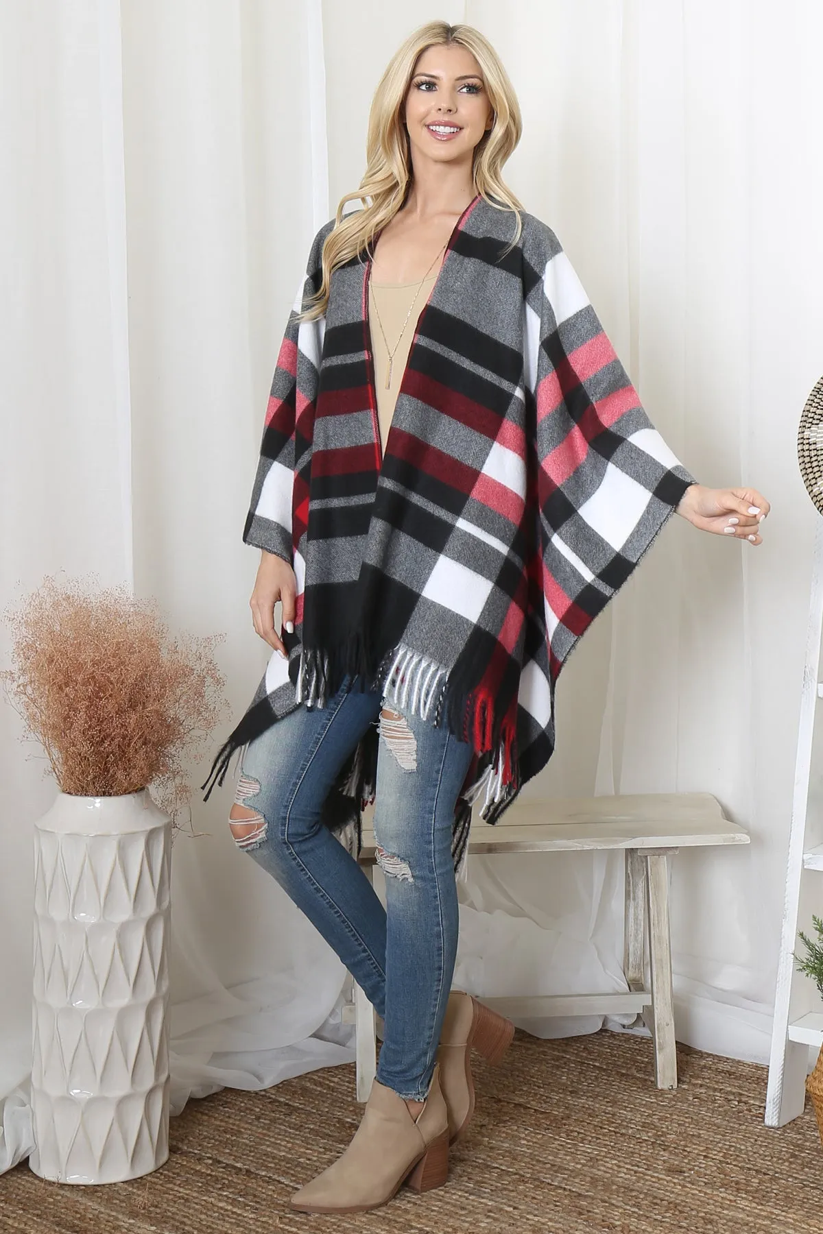 PLAID PRINT FRINGE OPEN FRONT KIMONO