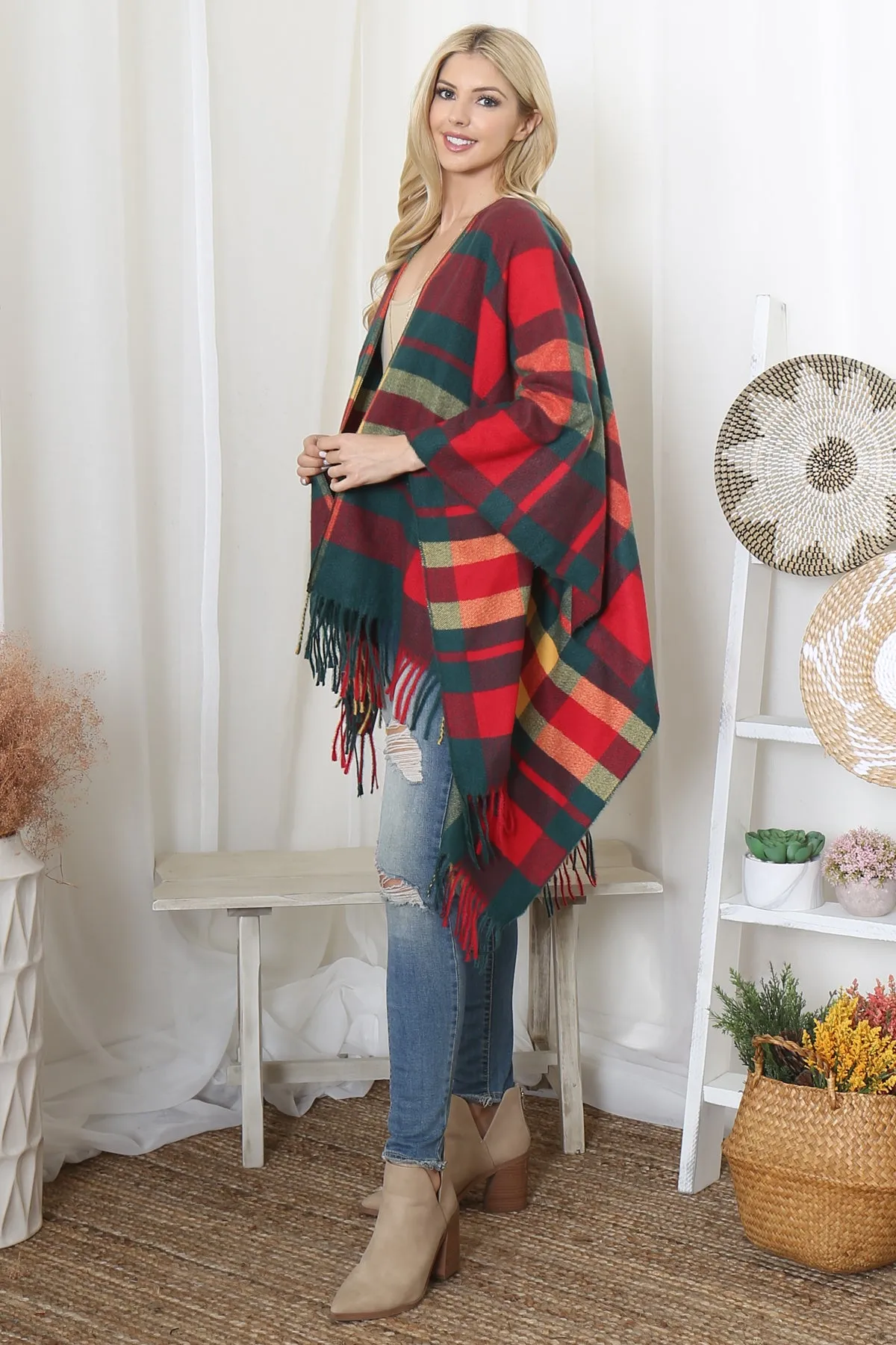 PLAID PRINT FRINGE OPEN FRONT KIMONO