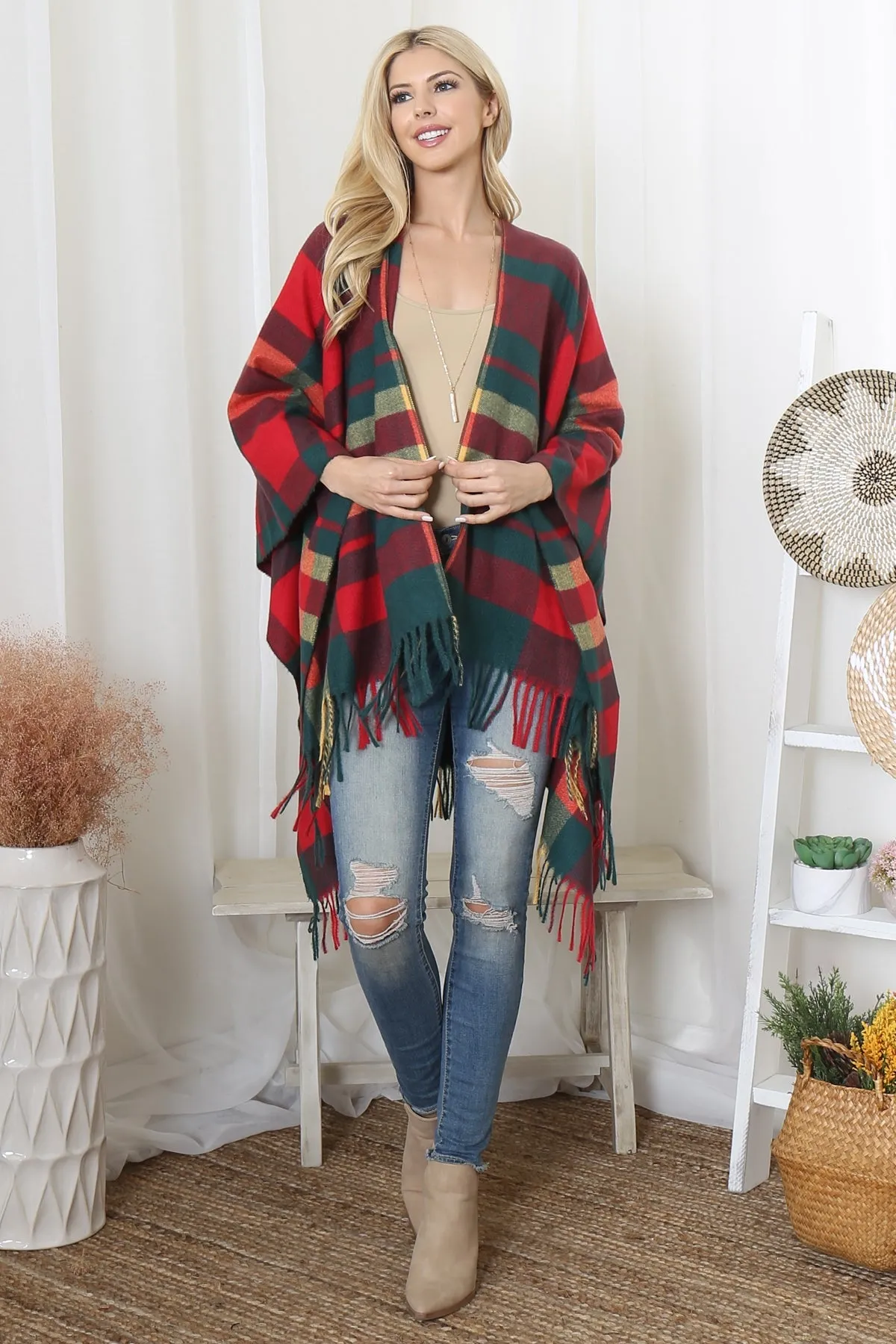 PLAID PRINT FRINGE OPEN FRONT KIMONO