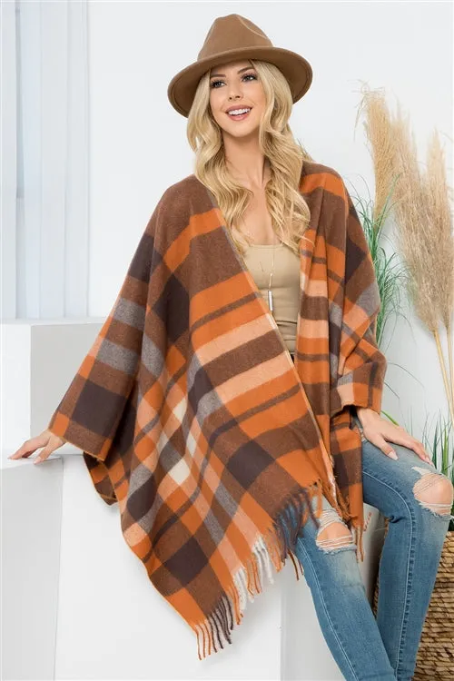 PLAID PRINT FRINGE OPEN FRONT KIMONO
