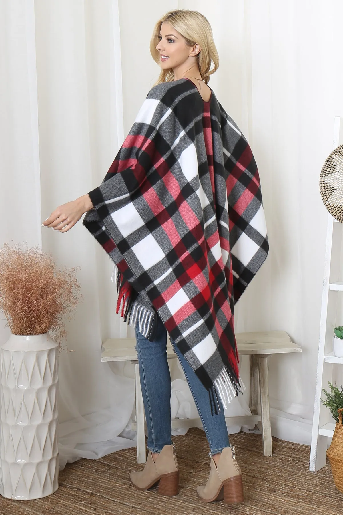 PLAID PRINT FRINGE OPEN FRONT KIMONO