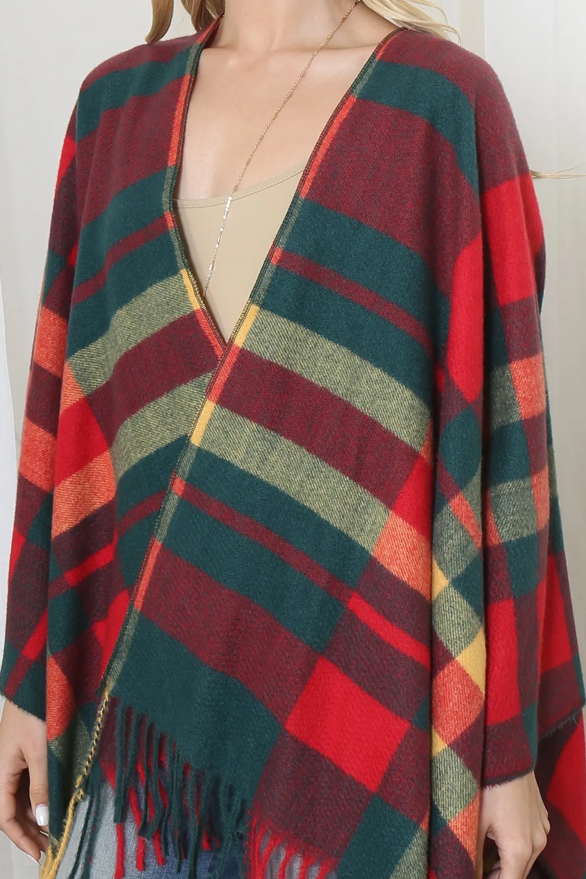 PLAID PRINT FRINGE OPEN FRONT KIMONO