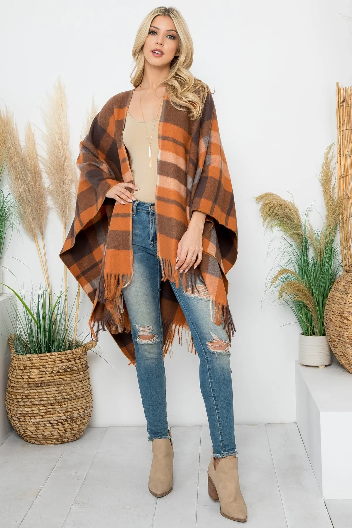 PLAID PRINT FRINGE OPEN FRONT KIMONO