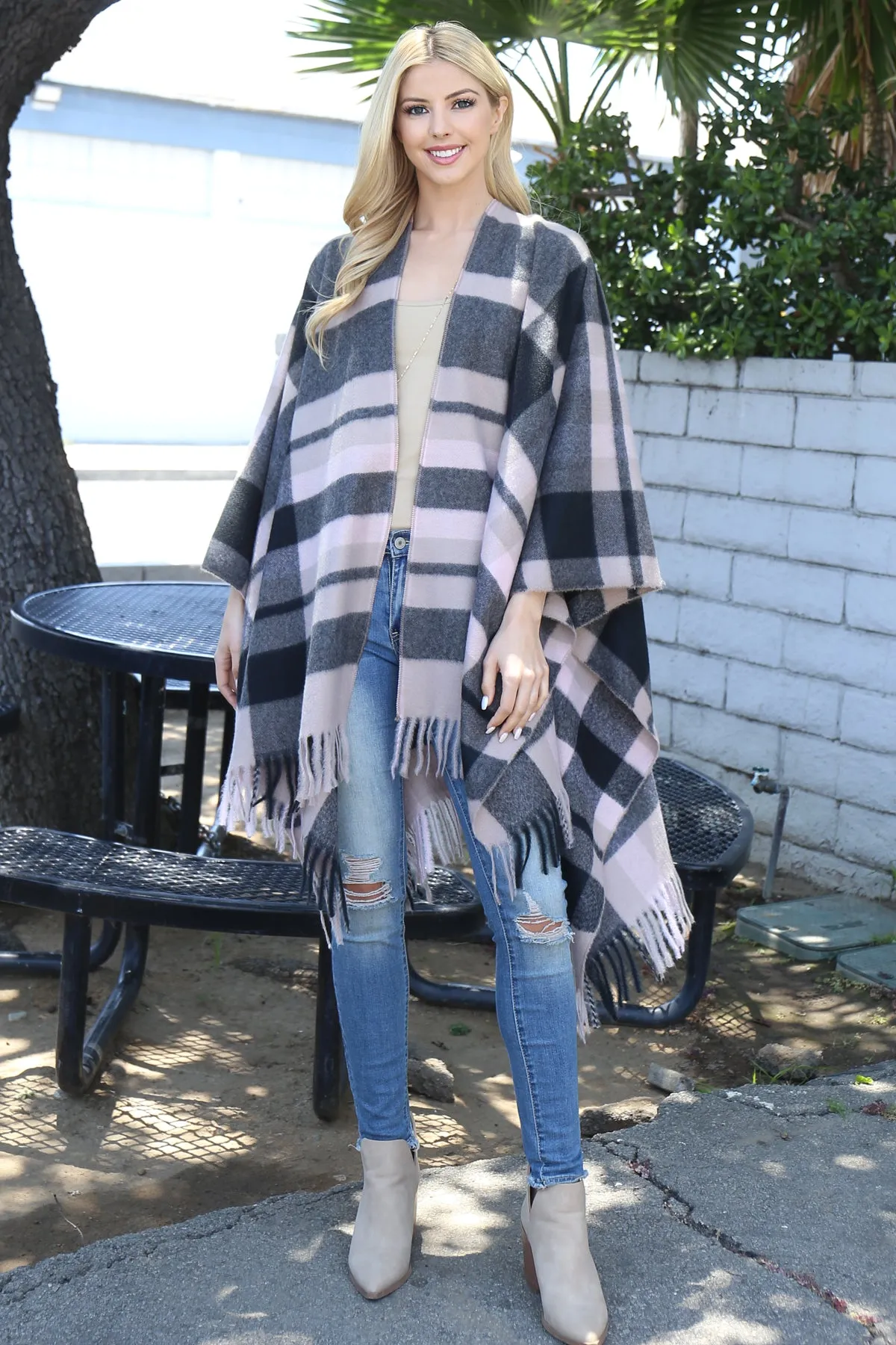 PLAID PRINT FRINGE OPEN FRONT KIMONO