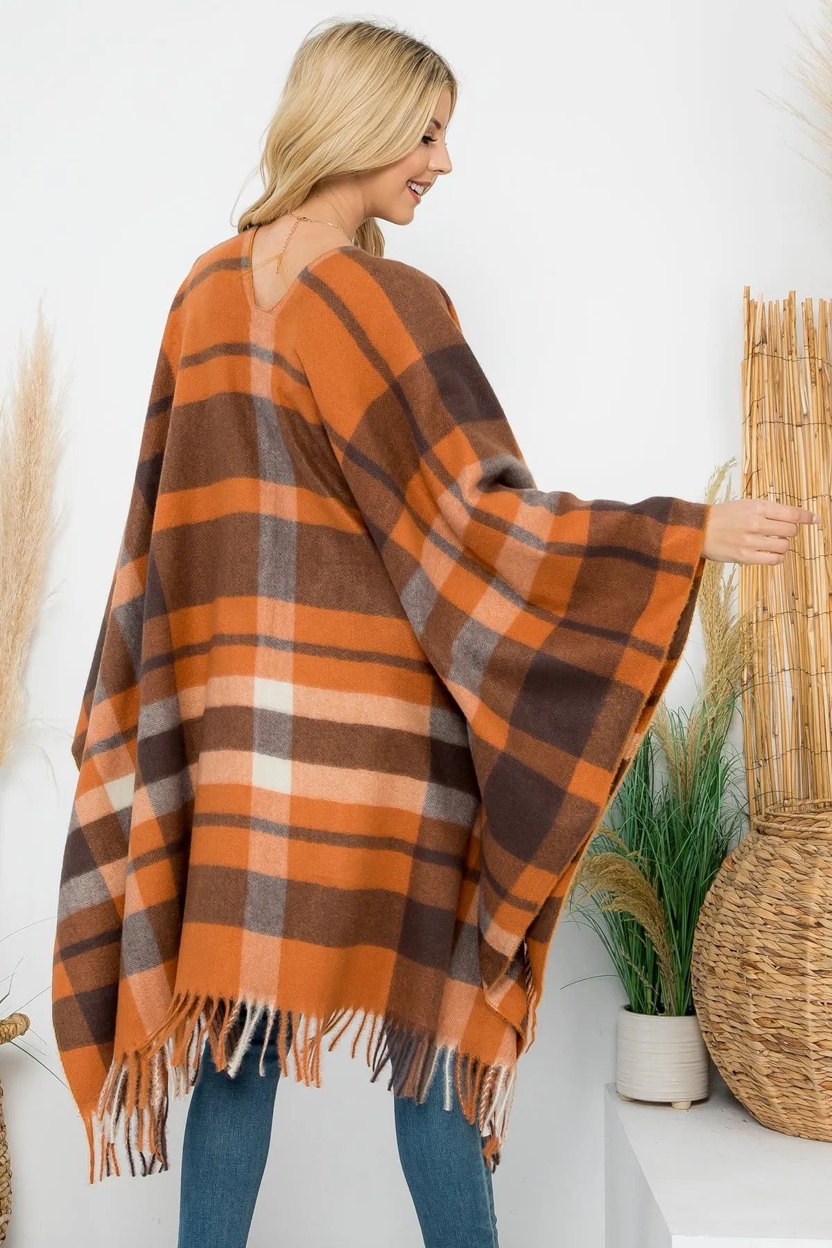 PLAID PRINT FRINGE OPEN FRONT KIMONO