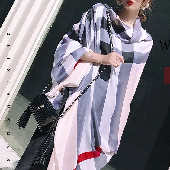 Plaid Silk Scarf Silky Shawl Wrap for Women Ladies Girls 90x180